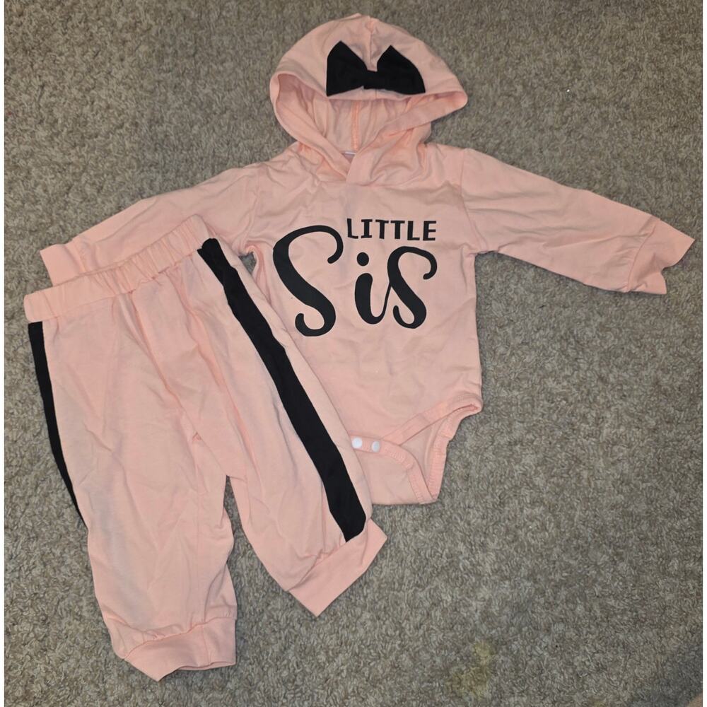 NWOT "Little Sis" pink and black‎ hooded, tracksuit sz 0-3mo